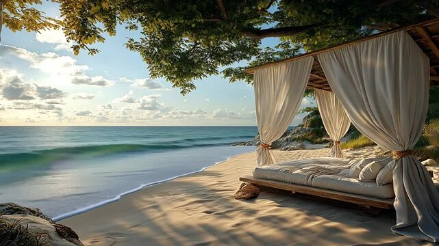Seaside Serenity: Relaxing canopy bed on a pristine beach with gentle waves lapping the shore