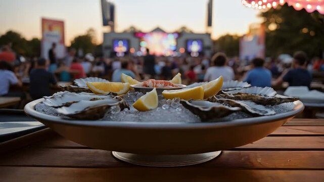 Ostras servidas en hielo con rodajas de lim&oacute;n y langostino en festival gastron&oacute;mico al aire libre