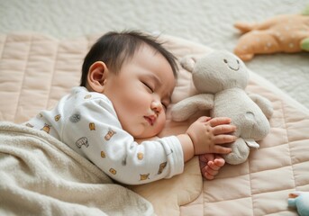 Peaceful Asian infant sleeping cuddling teddy bear on beige blanket in cozy room