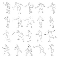 Collection, set of silhouettes of male athletes or players of table tennis, ping pong
