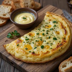 A rustic scene of tortilla española served on a wooden cutting board. The thick potato and egg omelet is garnished with a sprinkle of fresh parsley, paired with a small bowl of aioli and slices