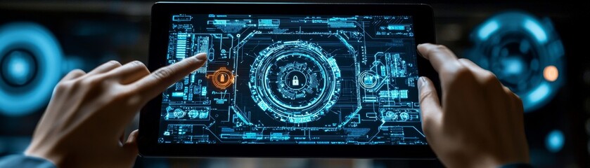 Obraz premium Business consultant engaging with futuristic technology office setting digital interaction professional environment close-up view