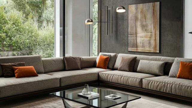 Contemporary living room with a large sectional sofa and a glass coffee table ture..