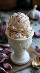 Unusual Gourmet Ice Cream With Creamy Garlic And Red Spice Toppings Photo