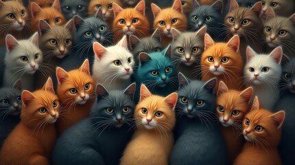 Obraz premium Diverse Group of Cats - Realistic Detailed AI Digital Art of Colorful Feline Friends and Pets