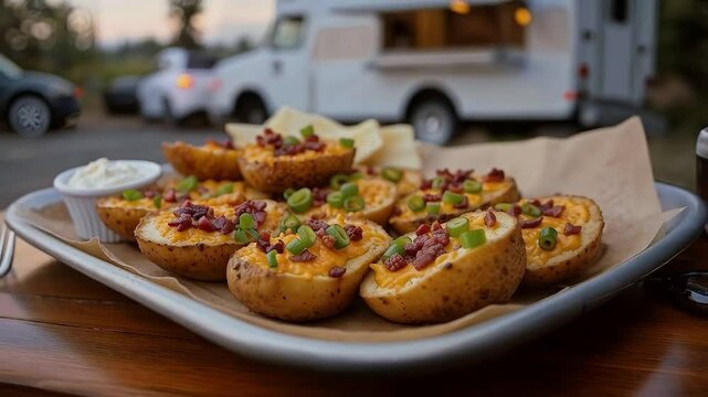 Papas rellenas con queso cheddar, tocino y ceboll&iacute;n en festival gastron&oacute;mico