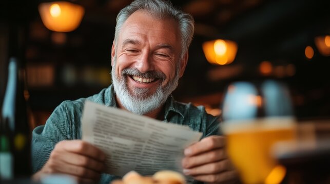 Man is smiling and holding a menu in his hand. He is at a restaurant and he is enjoying his time - Powered by Adobe