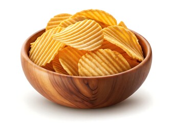 A tempting bowl of crispy, golden-brown ruffled potato chips, perfectly seasoned and ready to enjoy in a rustic wooden bowl.