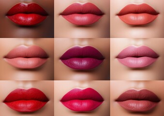 Obraz premium Collage of close-up lips wearing various stylish lipstick shades, from nude to vibrant, on smooth skin.