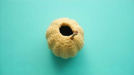 Cozy Beige Knitted Pumpkin - Handmade Crochet Fall Decor - Yarn Autumn Thanksgiving Craft on Teal Background