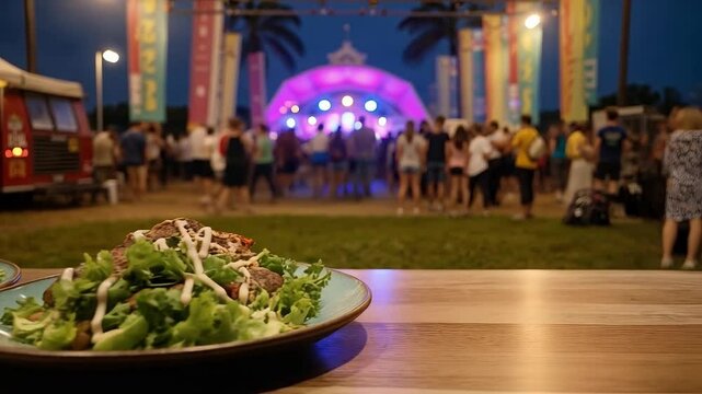 Platos de ensalada con queso a la parrilla y carne en festival nocturno