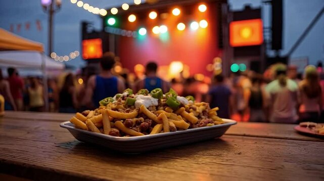 Papas fritas con queso, carne y jalape&ntilde;os en festival nocturno al aire libre