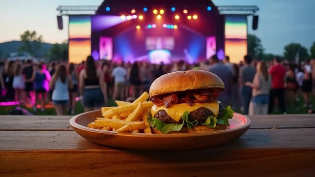 Hamburguesa con queso y bacon con papas fritas en festival al aire libre