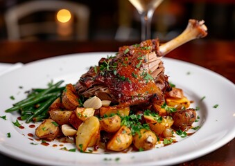 Gourmet duck confit served with roasted potatoes, green beans, and garlic on a white plate.