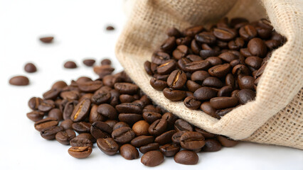 Fototapeta premium Dark roasted coffee beans, a brown heap of aromatic grain in a burlap sack