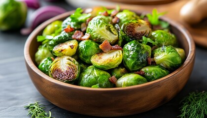 Oven-roasted Brussels sprouts with crispy bacon and herbs, served in a rustic wooden bowl.
