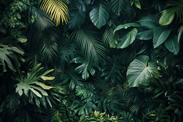Fototapeta premium lush green tropical foliage wall with vibrant monstera and palm leaves