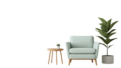 Fototapeta premium A contemporary minimalist living room setting featuring a comfortable armchair a wooden side table and a potted plant creating a calming and inviting atmosphere