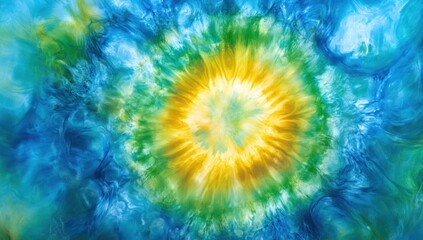 Abstract vibrant tie-dye pattern with blue, green, and yellow colors.