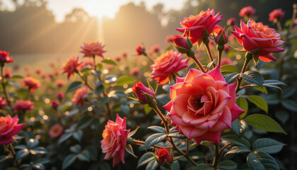 Blooming roses basking in golden sunlight against a garden backdrop  