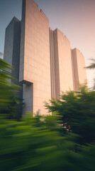 A sculptural modern brutalism building with lush greenery, created by generative ai