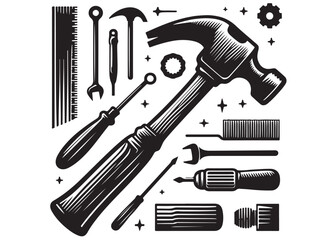 silhouette hammer logo vector design, hammer logo icon silhouette, hammer silhouette, hand gripping a hammer vector silhouette, black and white hammer tool logo icon on white background	
