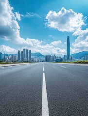 Fototapeta premium Road Leading to Modern City Skyline Under a Bright Cloudy Sky