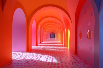 Naklejka premium Vibrant Pink & Orange Archway Corridor Abstract Interior Design