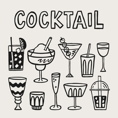 Alcoholic and non-alcoholic cold drinks cocktail set in glass. Hand drawn doodle illustration.