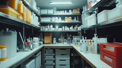 Organized lab storage, chemicals, tools, workspace, dark background, research