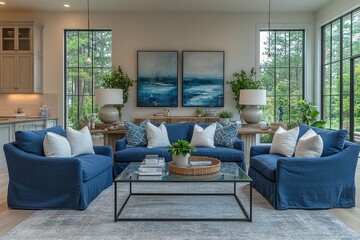 
Coastal-style living room with navy blue sofa, glass coffee table, oak flooring, grey rug, blue accents, white pillows, and natural lighting.