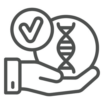 recommend clip art: Approved DNA test with hand line icon, genetic research concept. Vector graphics. Hand palm and DNA chain, checkmark sign on white background, outline style icon for mobile or web design.