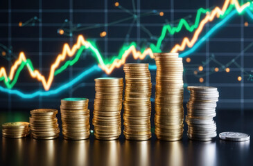 column of stacked gold coins against a dynamic financial graph, representing wealth and market performance.