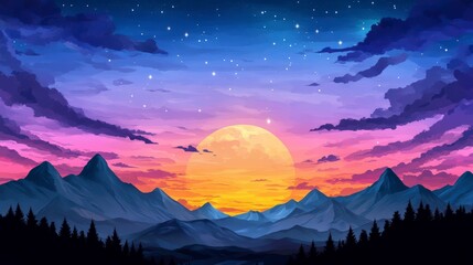 Colorful Pixel Art Mountain Sunset Landscape