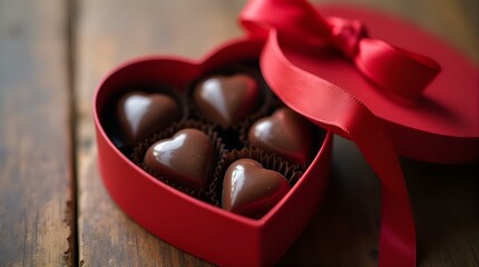 Romantic Valentine's Day Chocolate Heart Box Gift - Red Ribbon on Rustic Wooden Table