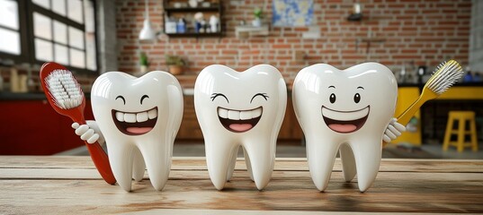Three Happy Cartoon Teeth Characters Giving Thumbs Up Holding Toothbrushes on Wooden Surface