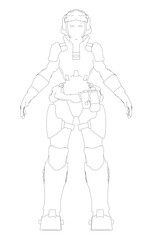 A woman in a futuristic costume stands in a white background. The image is a black and white drawing of a woman in a futuristic costume