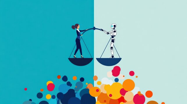 Two people are standing on scales, one of them is a robot