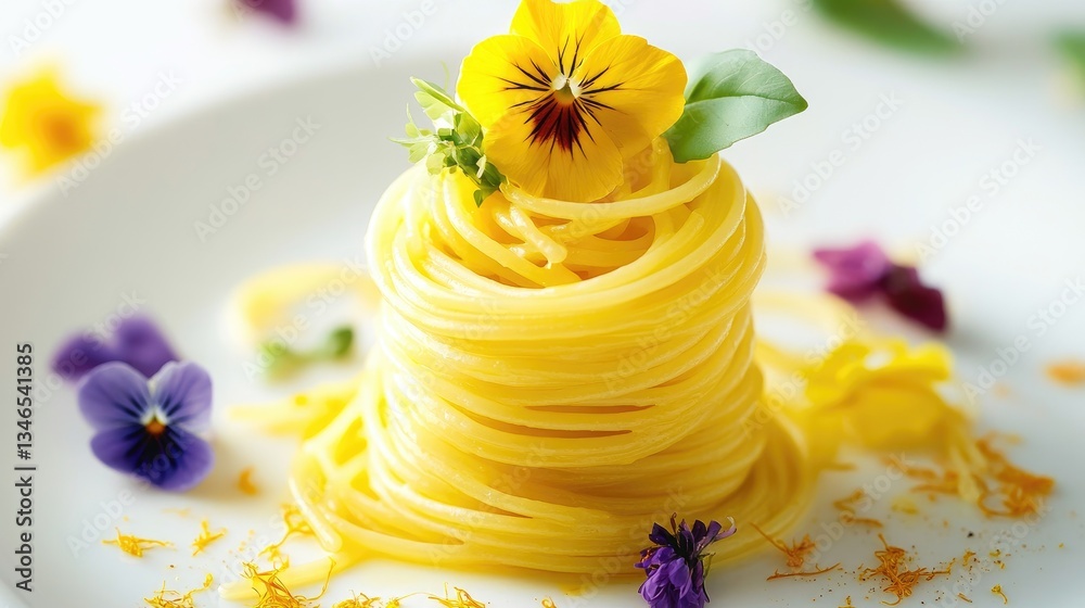 Poster A beautiful plate of spaghetti with vibrant saffron and edible flowers, arranged in a neat stack, creating a visually stunning and elegant culinary presentation.