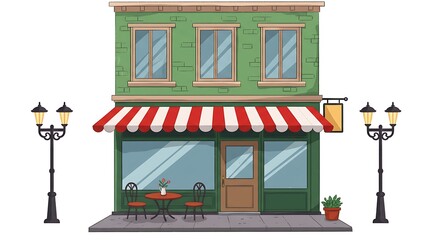 Quaint green building with red striped awning inviting patrons to a cozy bistro setting featuring outdoor seating and charming street lamps