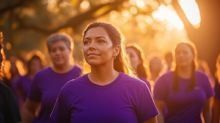 National Sarcoidosis Awareness Month. A diverse group of people wearing purple shirts at a Sarcoidosis Awareness walk