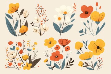 Beautiful artistic illustration depicting various colorful floral arrangements on display