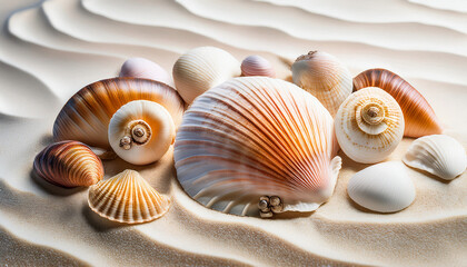 Beautiful Sea Shells on a sandy beach making a relaxed and calming background wallpaper
