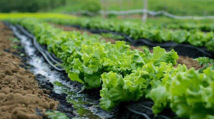 Subsurface irrigation system in a field of lettuce, with water delivered directly to the root zone through buried pipes