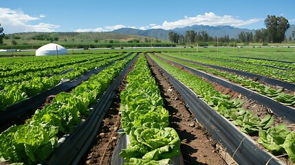 Subsurface irrigation system in a field of lettuce, with water delivered directly to the root zone through buried pipes