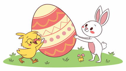Cartoon illustration of easter bunny and chick with decorated egg on green grass field. Perfect for Spring Invitations, Holiday Branding, and Creative Event Projects