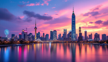 Obraz premium Shanghai Skyline at Sunset: A Vibrant Cityscape