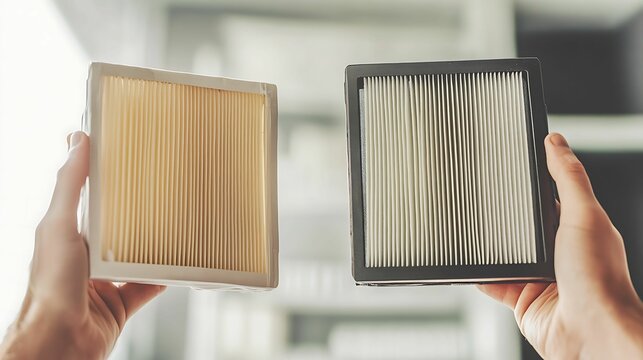 Two air filters are being compared, one clean and one dirty, highlighting the importance of regular maintenance for indoor air quality.