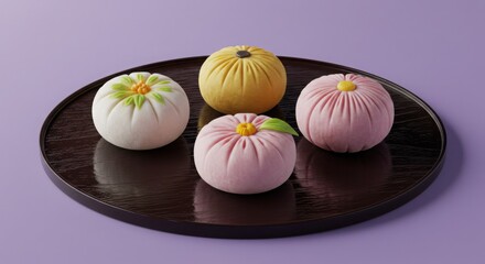 Wagashi Assorted Japanese Sweets on Dark Tray - Colorful Flower Shaped Mochi for Tea Ceremony