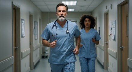 Obraz premium Two determined medical professionals a male doctor and a female nurse sprint down a hospital corridor responding to a critical situation Their focused expressions and hurried pace convey urgency and d